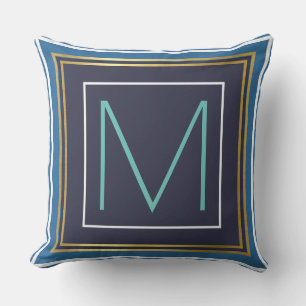 Monogram (initial) with blue & gold border throw pillow