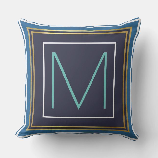 Monogram (initial) with blue & gold border throw pillow (Front)