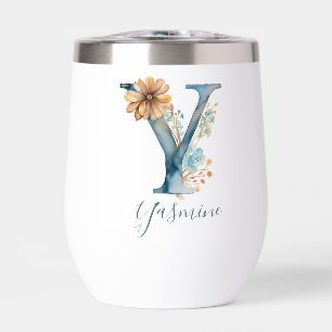Monogram Initial Y Blue Floral Watercolor Gift Her