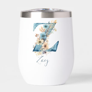 Monogram Initial Z Blue Floral Watercolor Gift Her