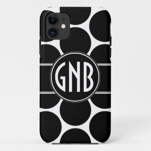 MONOGRAM INITIALS BLACK POLKA DOTS iPhone 11 CASE