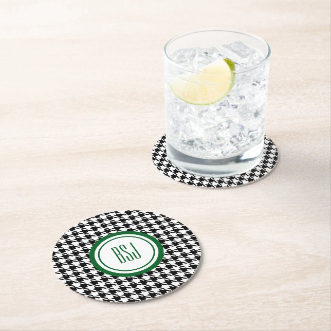 Monogram Initials, Black & White Houndstooth (6) Round Paper Coaster (Insitu)