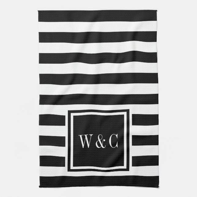 Monogram Initials Black White Stripe Personalized Kitchen Towel (Vertical)