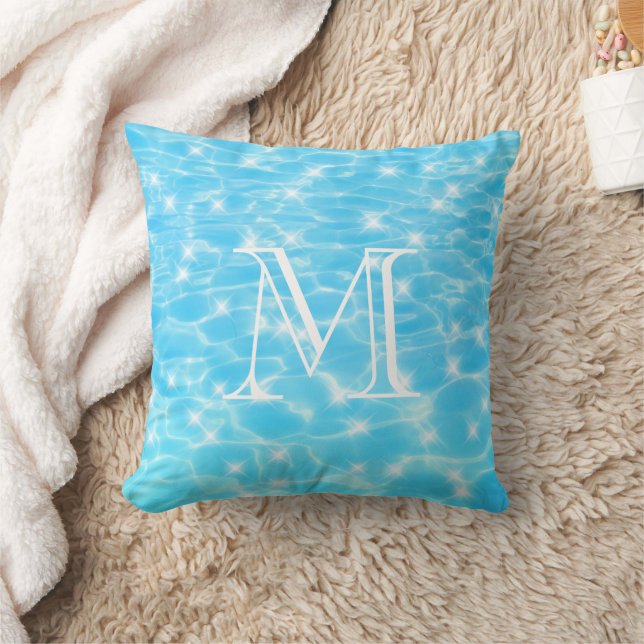 Monogram Initials blue water ripple water texture Throw Pillow (Blanket)