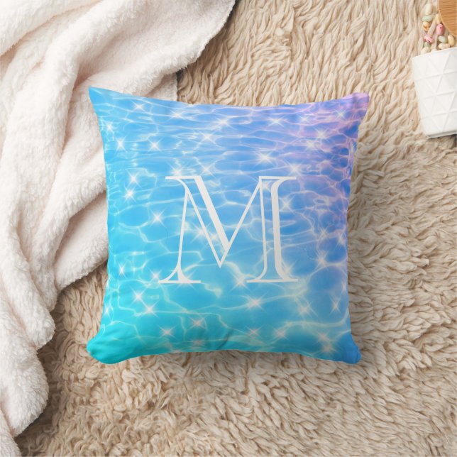 Monogram Initials blue water ripple water textures Throw Pillow (Blanket)