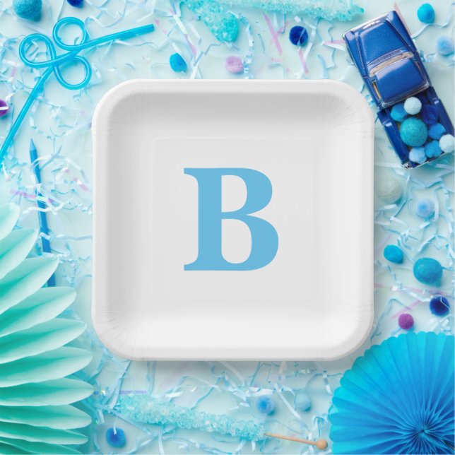 Monogram Initials Blue White Baby Shower Custom Paper Plate (Party)