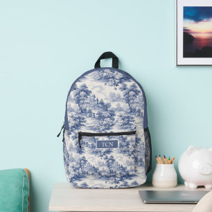 Monogram Initials Blue White French Toile Pattern  Printed Backpack