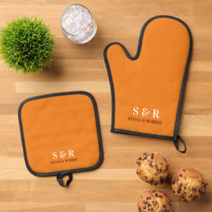 Monogram Initials Couple Name Orange Oven Mitt & Pot Holder Set