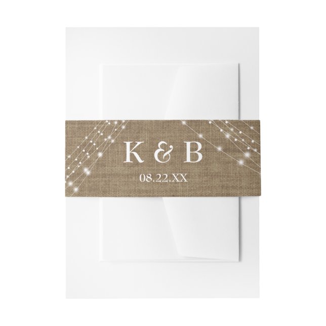 Monogram Initials Date w/ Burlap & Light Strings Invitation Belly Band (Front Example)