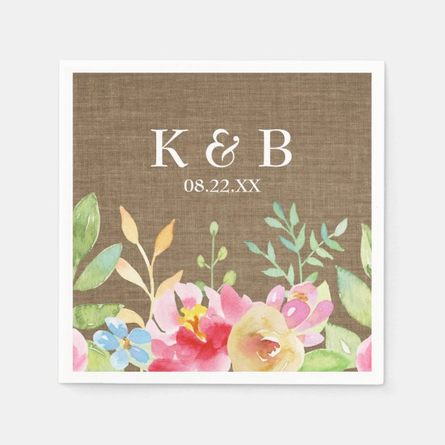 Monogram Initials Date Watercolor Flowers Burlap Napkin (Front)
