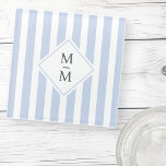 Monogram initials dusty light blue white stripes glass coaster<br><div class="desc">Glass coaster featuring a light dusty blue and white striped pattern with your monogram initials in dark grey over a white diamond shape. All colours are customizable.</div>