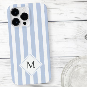 Monogram initials dusty light blue white stripes iPhone 14 pro max case