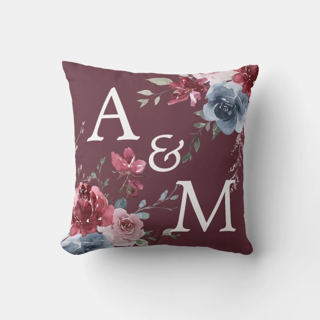 Monogram Initials Dusty Rose Blue Floral Burgundy  Throw Pillow (Front)