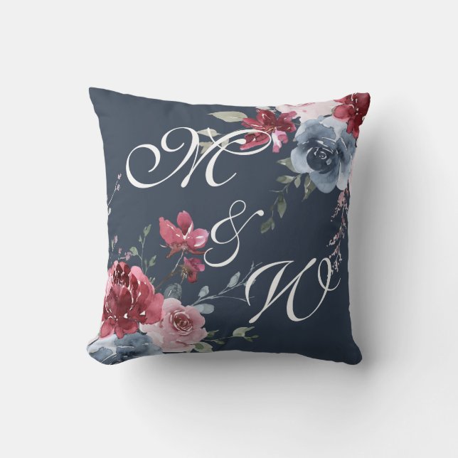 Monogram Initials Dusty Rose Blue Floral Dark Blue Throw Pillow (Front)