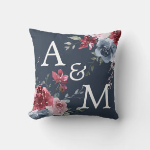 Monogram Initials Dusty Rose Blue Floral Dark Blue Throw Pillow