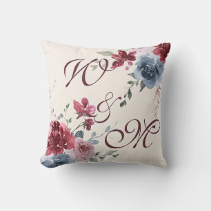 Monogram Initials Dusty Rose Blue Floral Ivory Throw Pillow