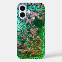 Monogram Initials Elegant Floral Green Rose Gold 