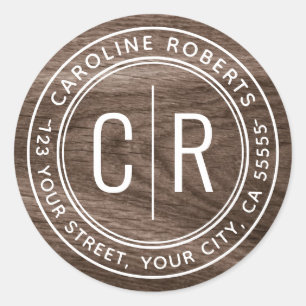 Monogram initials elegant woodgrain return address classic round sticker