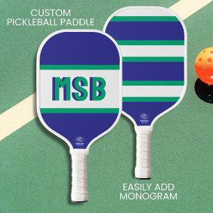 Monogram Initials, Fun Green Blue Stripes, Custom  Pickleball Paddle