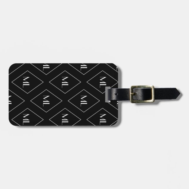Monogram Initials Geometric Pattern Black Luggage Tag (Front Horizontal)