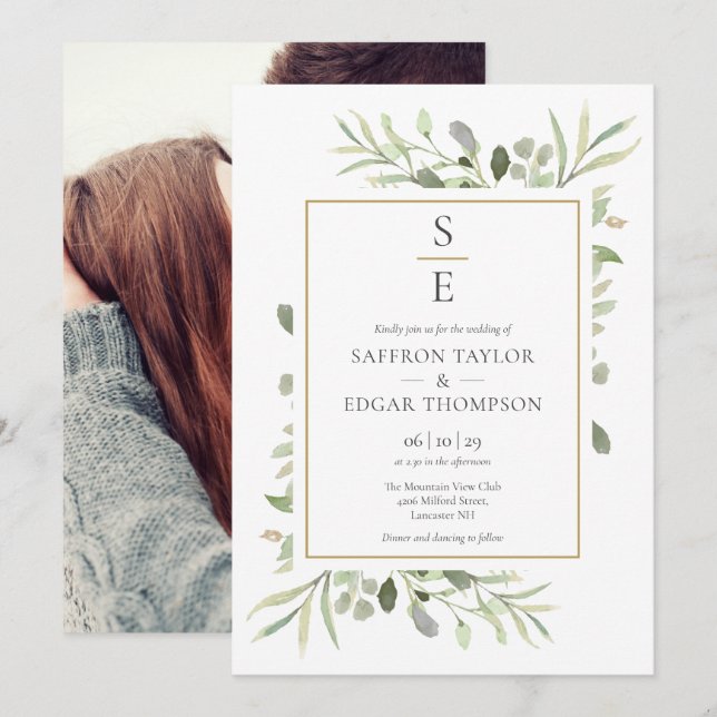 Monogram Initials Greenery Foliage Photo Wedding Invitation (Front/Back)