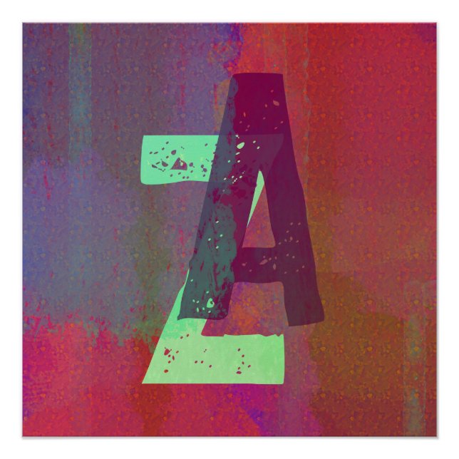 Monogram Initials Grunge Funky Purple Green Art Poster (Front)