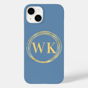 Monogram Initials Modern Dusty Blue Gold Circles Case-Mate iPhone 14 Case