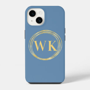 Monogram Initials Modern Dusty Blue Gold Circles iPhone 14 Case