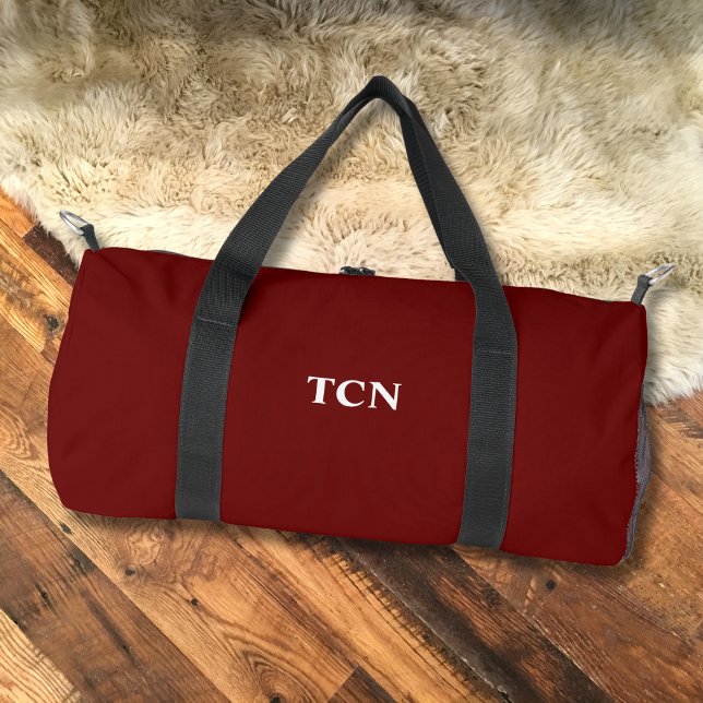 Monogram Initials Name Burgundy Maroon Dark Red Duffle Bag (Monogrammed Initials Dark Red Burgundy Maroon with White initials Duffel Bag)
