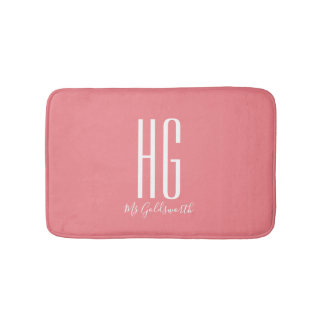 Monogram Initials  Name Coral Salmon Pink Modern Bath Mat