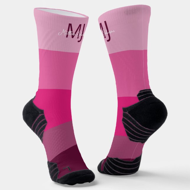 MONOGRAM INITIALS NAME PINK GRADIENT LINE PATTERN SOCKS (Angled)