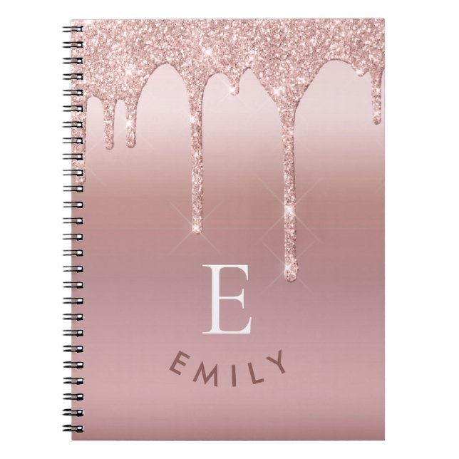 Monogram initials name Rose Gold Glitter Drips Notebook (Front)