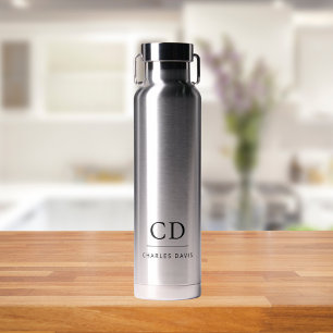 Monogram initials name simple black letters water bottle