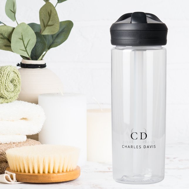 Monogram initials name simple black letters water bottle (Creator Uploaded)