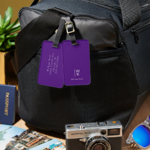 Monogram Initials + Name Simple Modern Dark Purple Luggage Tag