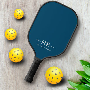 Monogram Initials + Name Simple Navy Blue White Pickleball Paddle