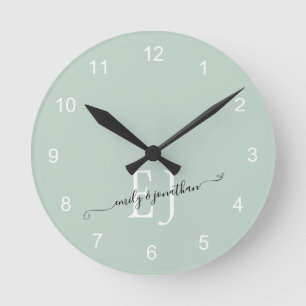 Monogram Initials Names Elegant Script Sage Green Round Clock