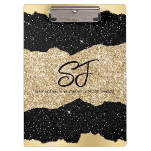 Monogram Initials on Black and Gold Glitter Clipboard