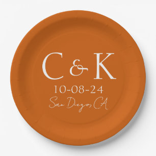 Monogram Initials on Burnt Orange Wedding Paper Plate