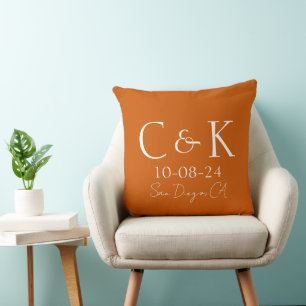 Monogram Initials on Burnt Orange Wedding Throw Pillow