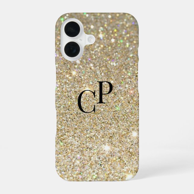 Monogram Initials on Faux Gold Glitter Background  iPhone 16 Case (Back)