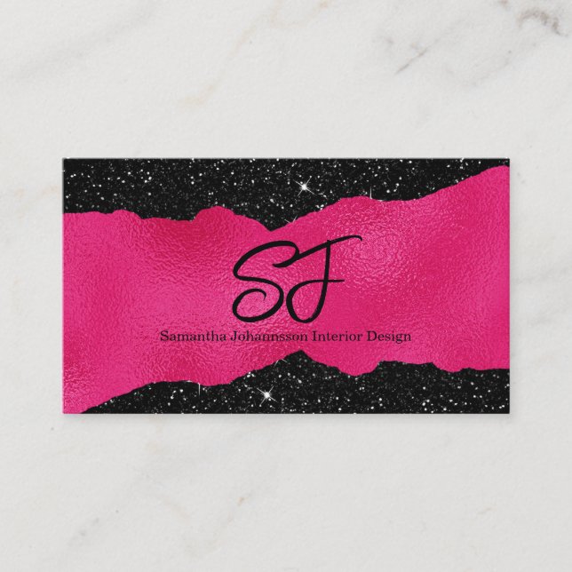Monogram Initials on Luxurious Black and Hot Pink Business Card (Front)