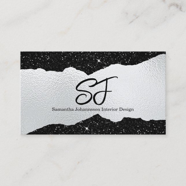 Monogram Initials on Luxurious Black and Silver Business Card (Front)