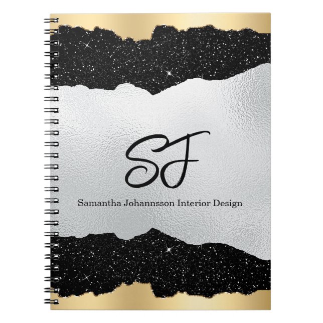 Monogram Initials on Luxurious Black Silver & Gold Notebook (Front)