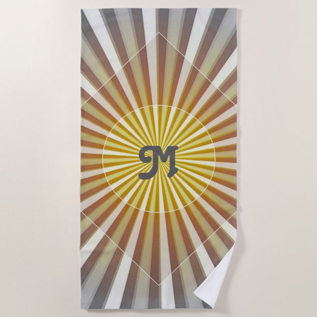 Monogram Initials on Starburst Stripes Grey Yellow Beach Towel (Front)