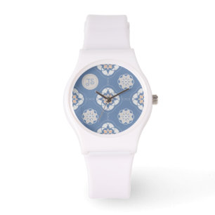 Monogram Initials Orange Flower Pattern, on Blue Watch