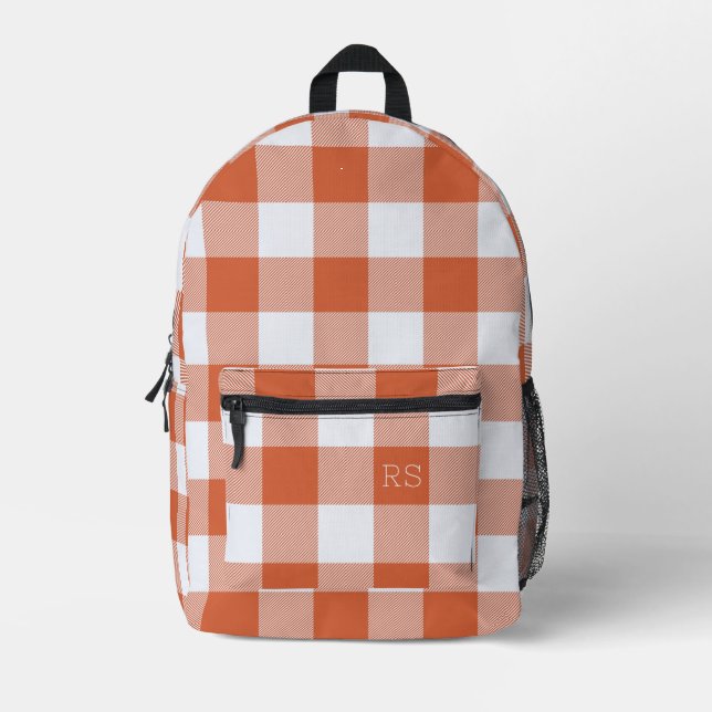 Monogram Initials Orange Gingham Buffalo Check Printed Backpack (Front)