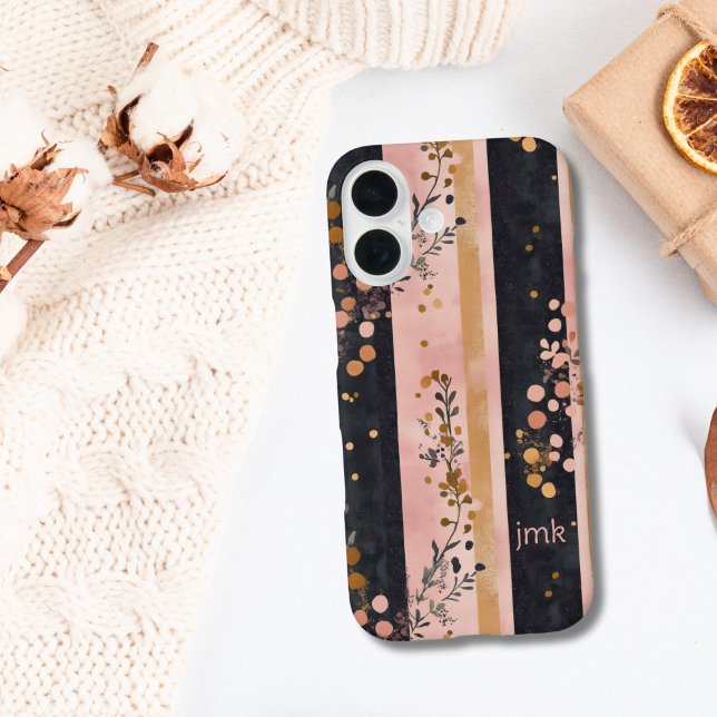 Monogram Initials Pink Gold Black Florals Stripes  Case-Mate iPhone Case (Pink gold black stripes florals boho monogram initials iPhone 16 case)
