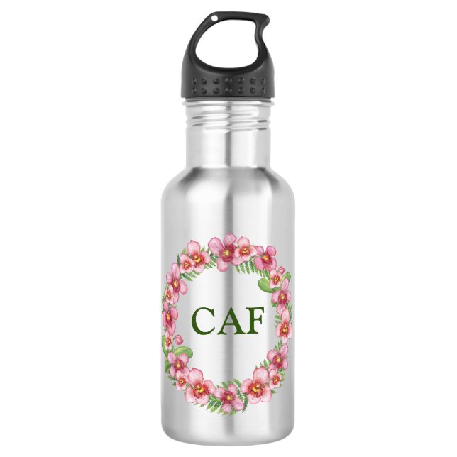 Monogram Initials Pink Green Floral Trendy Girly 532 Ml Water Bottle (Front)