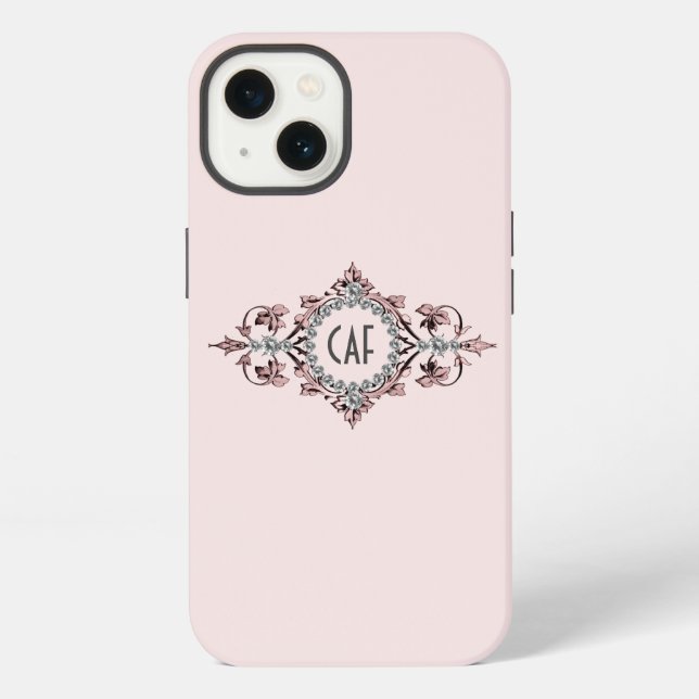 Monogram Initials Pink Grey Silver Flourish  iPhone Case (Back)